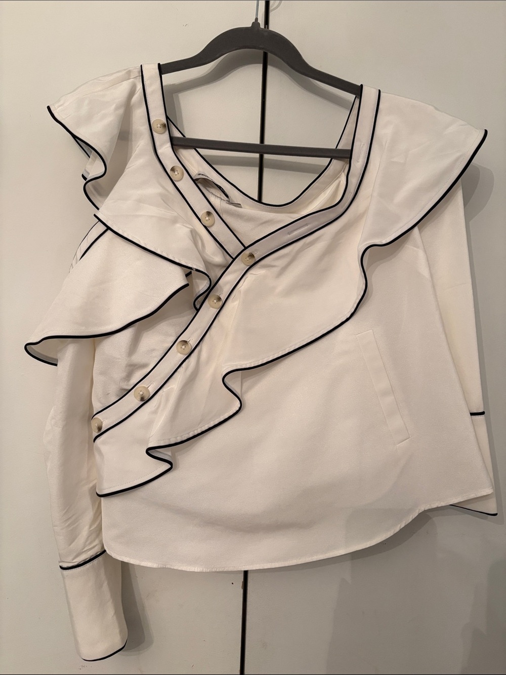 Self-Portrait White Blouse with Black-Trim Ruffle Detail